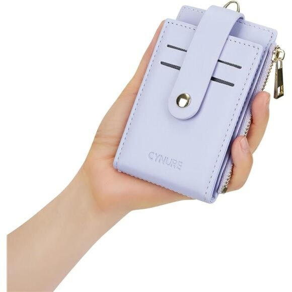 RFID blocking leather card holder slim zipper keychain wallet with ID window - Picture 7 of 8